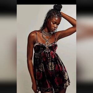 Free People Luna Velvet Romper Small Washed Black Combo  NWT $148.00